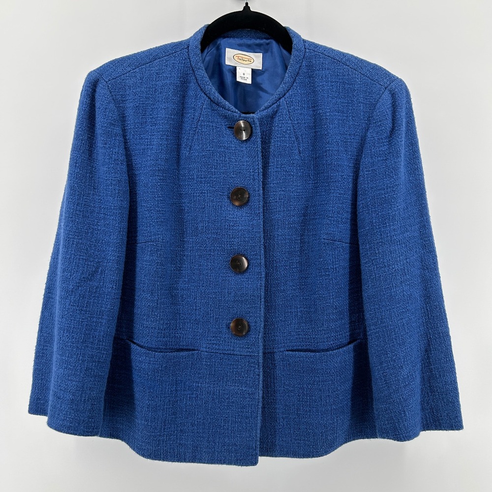 Talbots Blue Cotton Blend Textured Collarless Blazer Jacket 8 Casual‎ Officewear